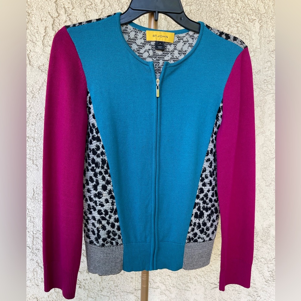 St. John Teal and Magenta Patterned Cardigan